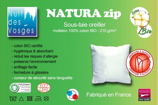 Housse zippée en coton bio avec fermeture pour coussin et oreiller