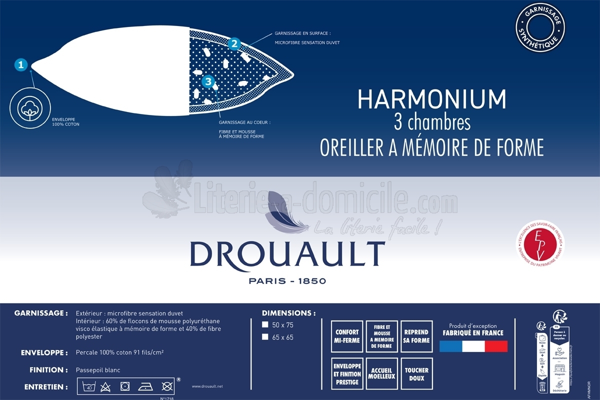 Oreiller DROUAULT Suprelle Memory - Oreiller Mémoire de forme 65x65