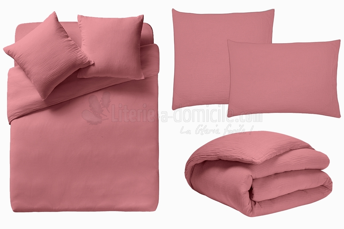 Housse de couette unie Gaze de coton-Rose TENDRESSE