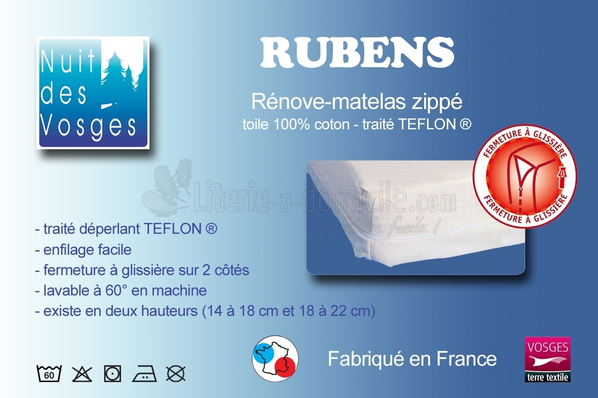 Rénove matelas Rubens, housse 200x200cm, matelas 14 à 18cm